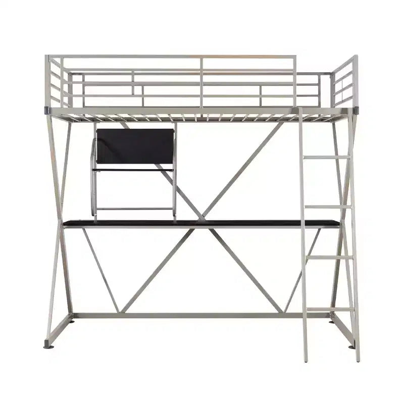 Modern Industrial Pewter Metal Kids' Twin Loft Bed with Built-in Study Desk