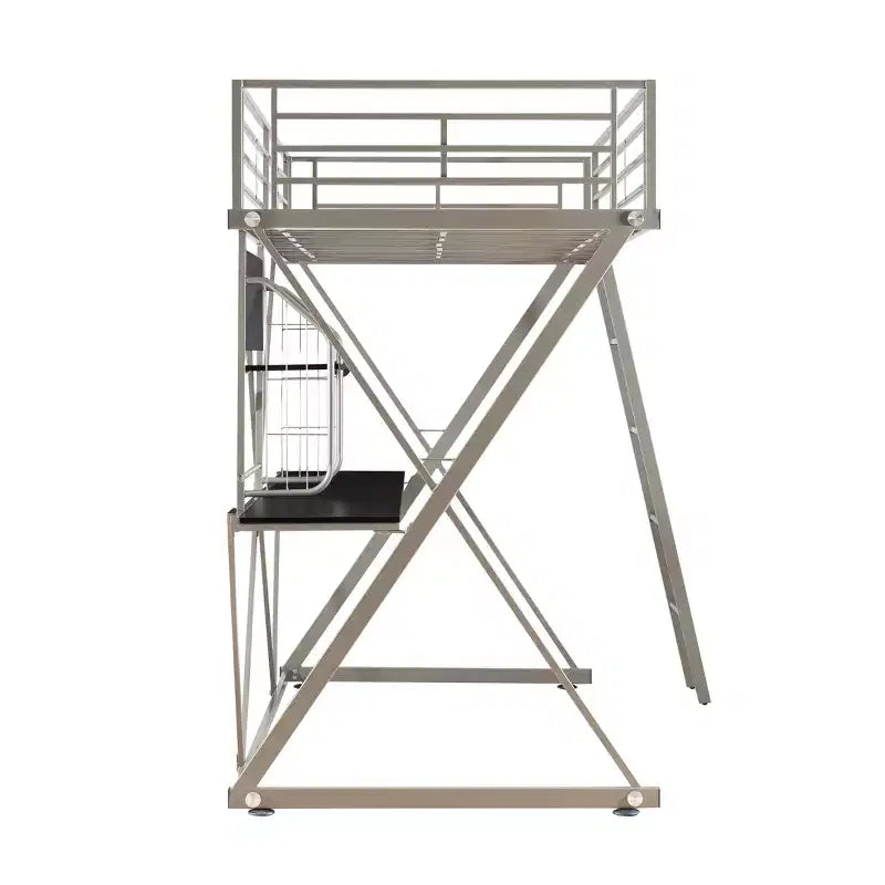 Modern Industrial Pewter Metal Kids' Twin Loft Bed with Built-in Study Desk