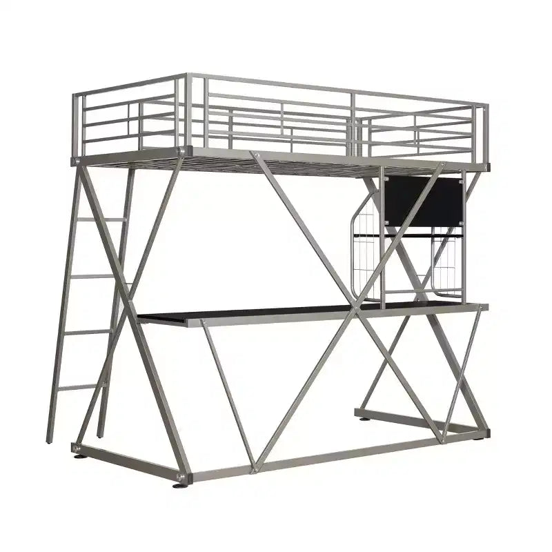 Modern Industrial Pewter Metal Kids' Twin Loft Bed with Built-in Study Desk