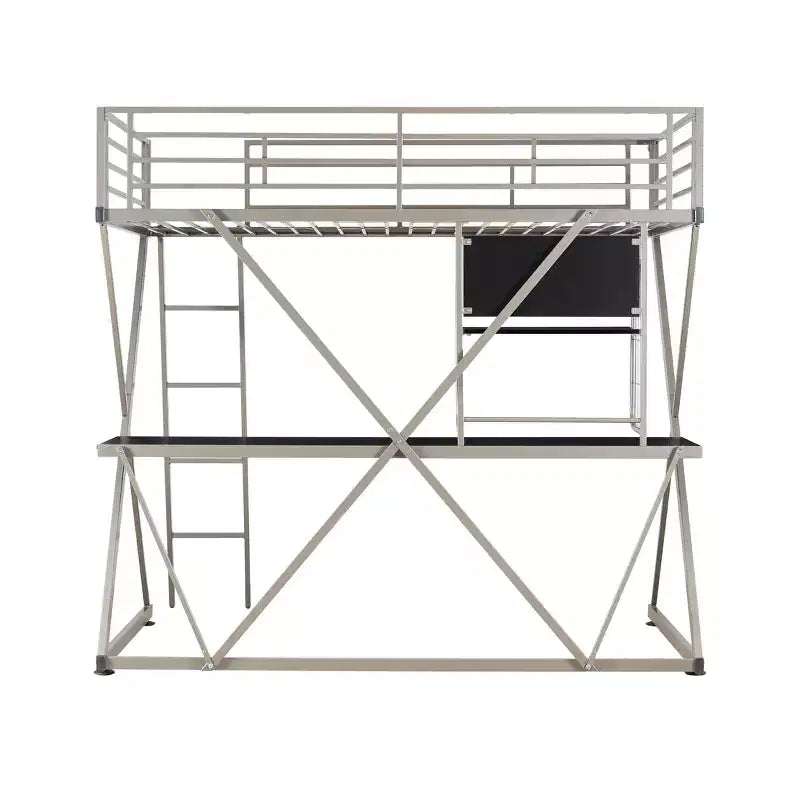 Modern Industrial Pewter Metal Kids' Twin Loft Bed with Built-in Study Desk