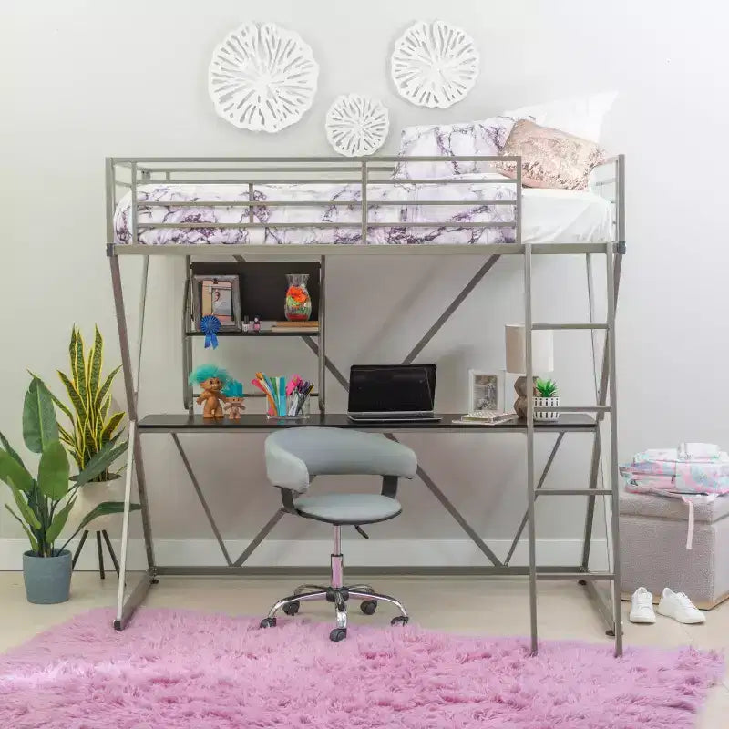 Modern Industrial Pewter Metal Kids' Twin Loft Bed with Built-in Study Desk