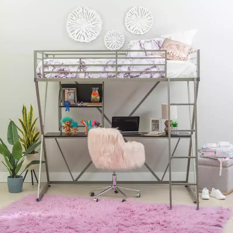 Modern Industrial Pewter Metal Kids' Twin Loft Bed with Built-in Study Desk