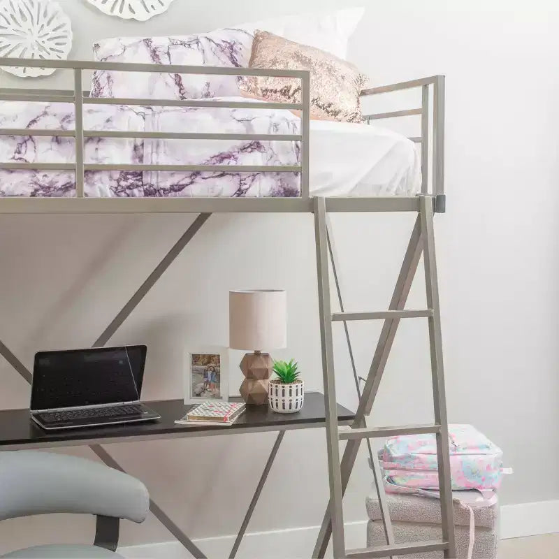 Modern Industrial Pewter Metal Kids' Twin Loft Bed with Built-in Study Desk