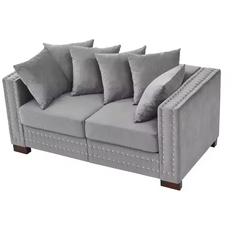 60.5" Modern Loveseat Sofa with Silver Nail Square Armrests, Velvet Upholstery, Gray