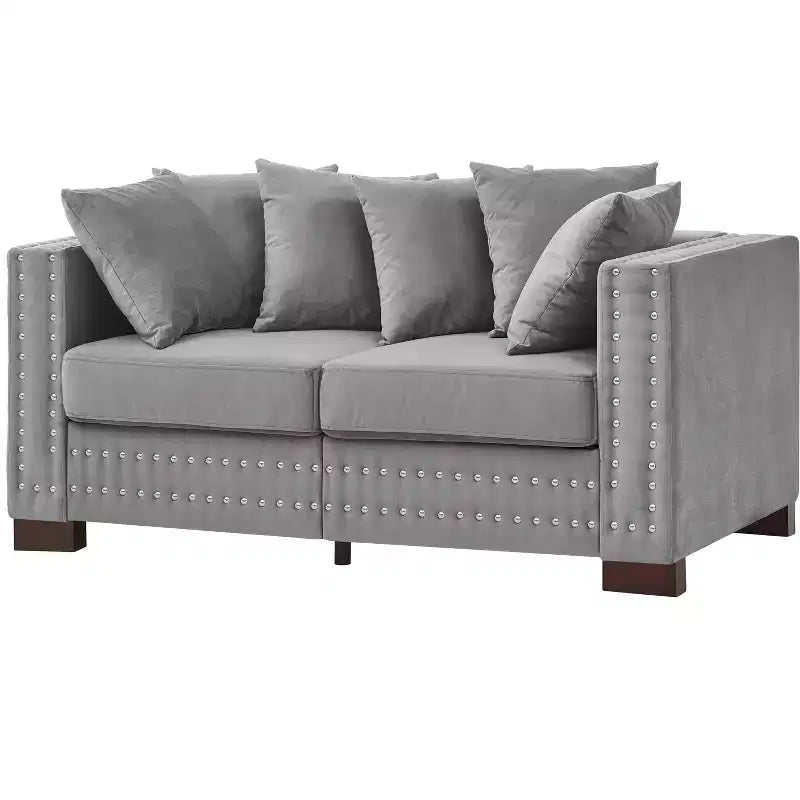 60.5" Modern Loveseat Sofa with Silver Nail Square Armrests, Velvet Upholstery, Gray