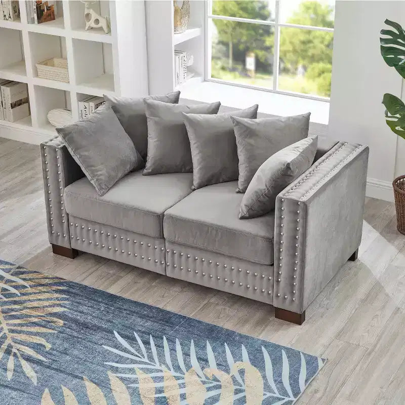 60.5" Modern Loveseat Sofa with Silver Nail Square Armrests, Velvet Upholstery, Gray
