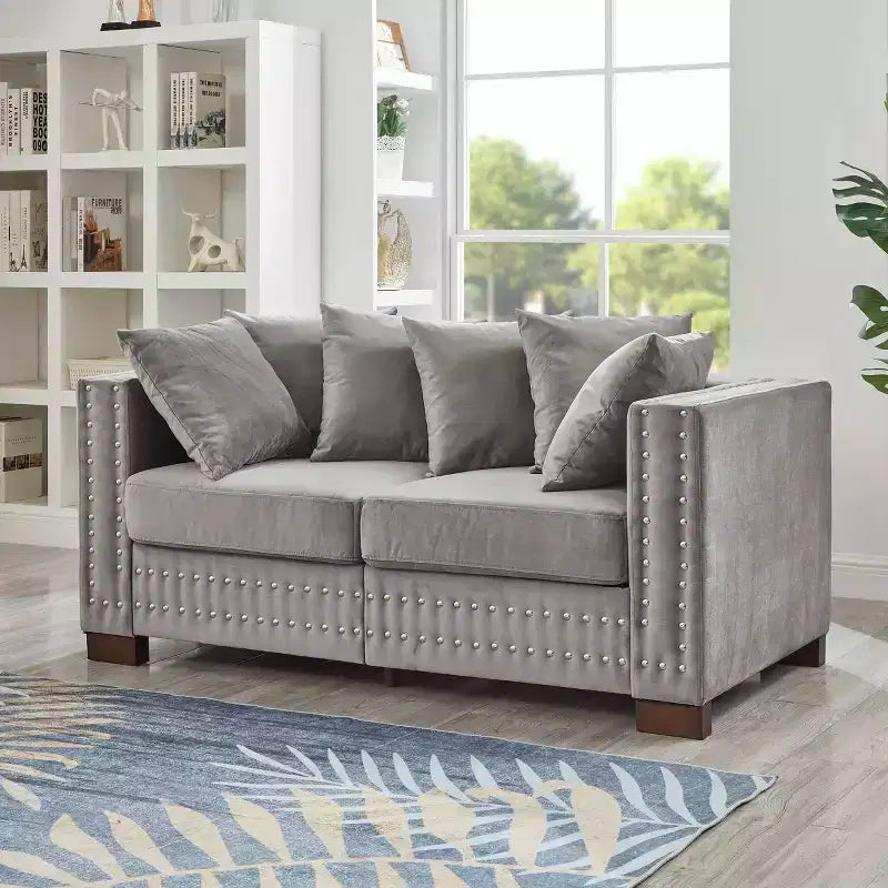 60.5" Modern Loveseat Sofa with Silver Nail Square Armrests, Velvet Upholstery, Gray