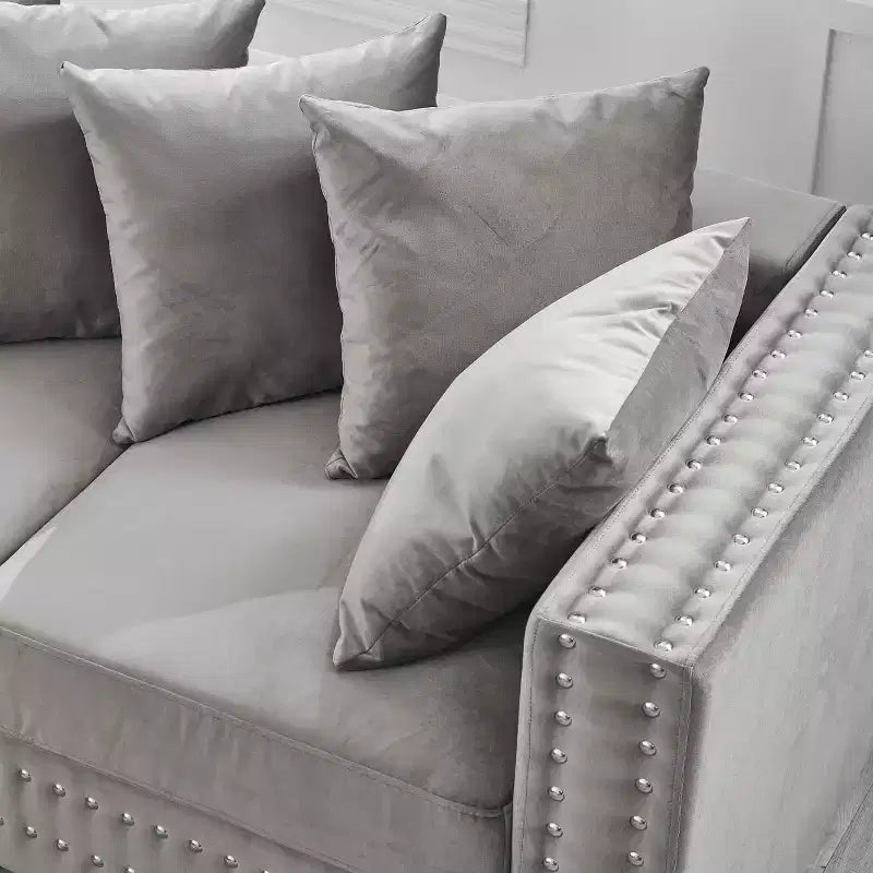 60.5" Modern Loveseat Sofa with Silver Nail Square Armrests, Velvet Upholstery, Gray