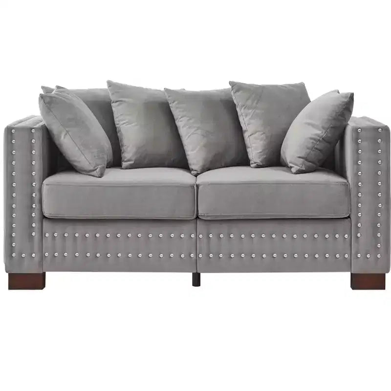 60.5" Modern Loveseat Sofa with Silver Nail Square Armrests, Velvet Upholstery, Gray