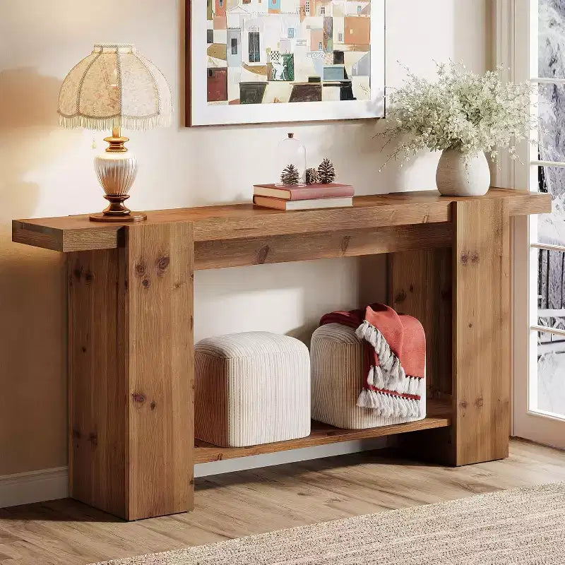 63" 2-Tier Solid Wood Console Table, Farmhouse Entryway Sofa Table with Storage, Brown