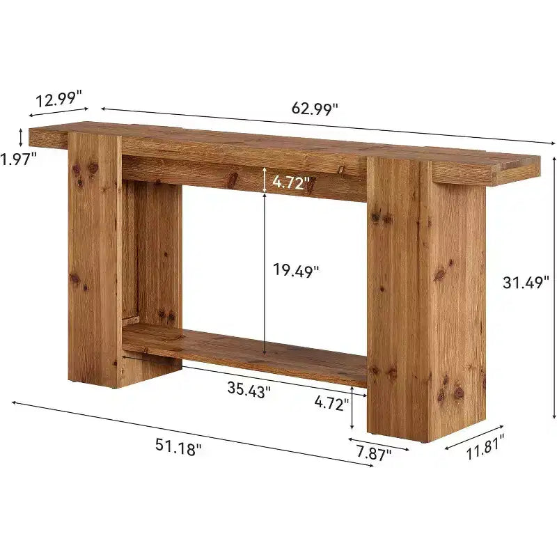 63" 2-Tier Solid Wood Console Table, Farmhouse Entryway Sofa Table with Storage, Brown