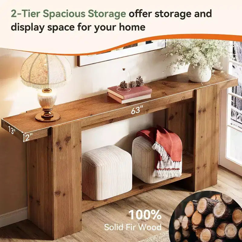 63" 2-Tier Solid Wood Console Table, Farmhouse Entryway Sofa Table with Storage, Brown