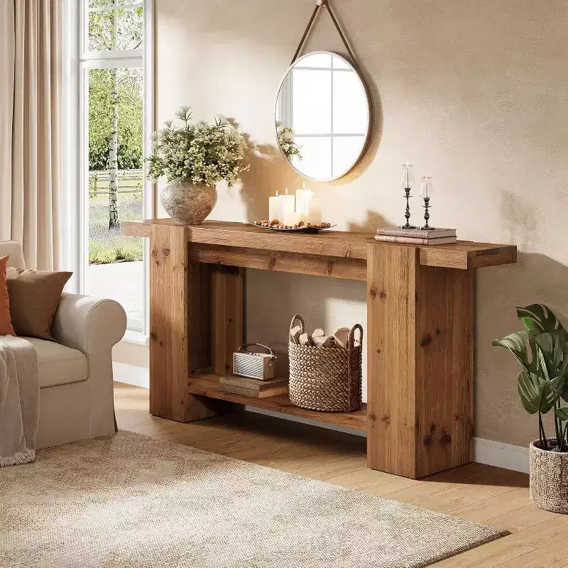 63" 2-Tier Solid Wood Console Table, Farmhouse Entryway Sofa Table with Storage, Brown