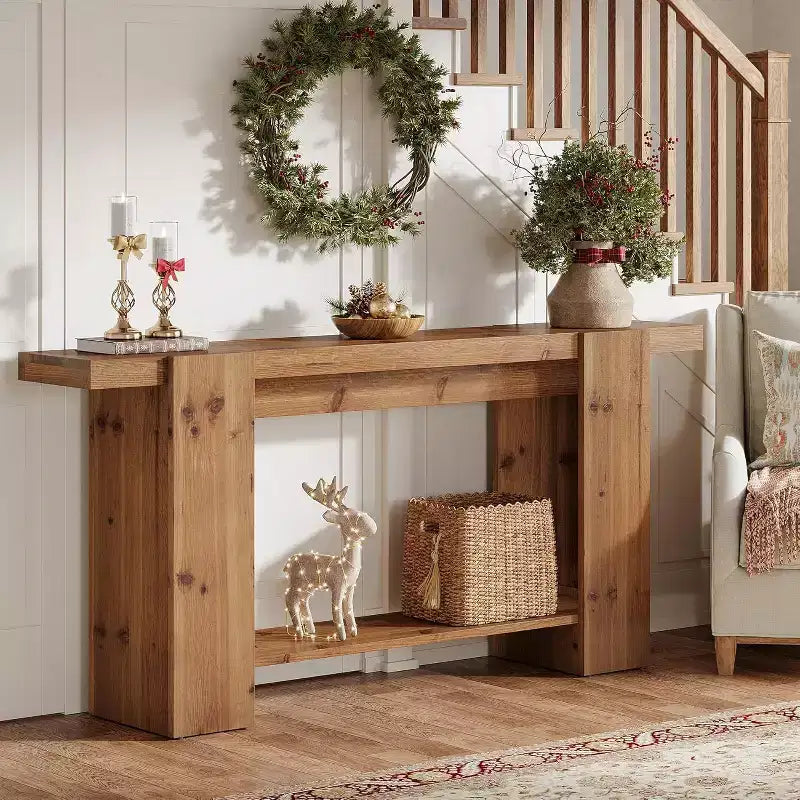 63" 2-Tier Solid Wood Console Table, Farmhouse Entryway Sofa Table with Storage, Brown