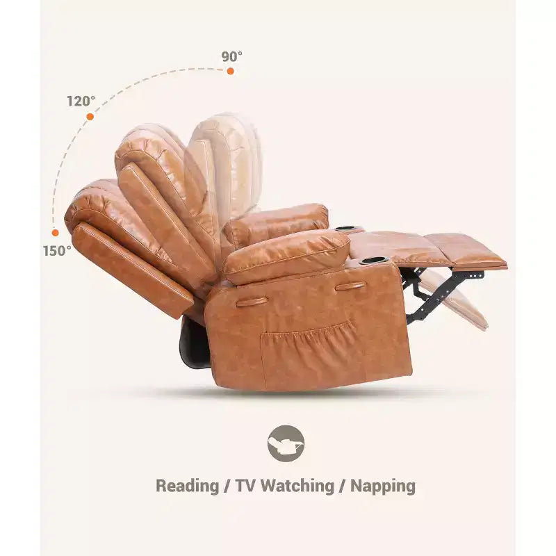 Manual Recliner Chair, PU Faux Leather, 360° Swivel, Cup Holders and Side Pocket