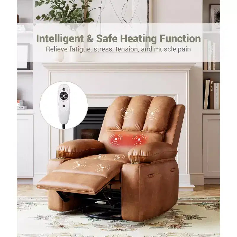 Manual Recliner Chair, PU Faux Leather, 360° Swivel, Cup Holders and Side Pocket