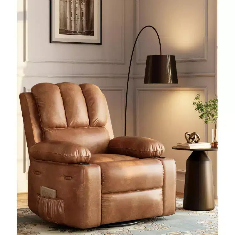 Manual Recliner Chair, PU Faux Leather, 360° Swivel, Cup Holders and Side Pocket