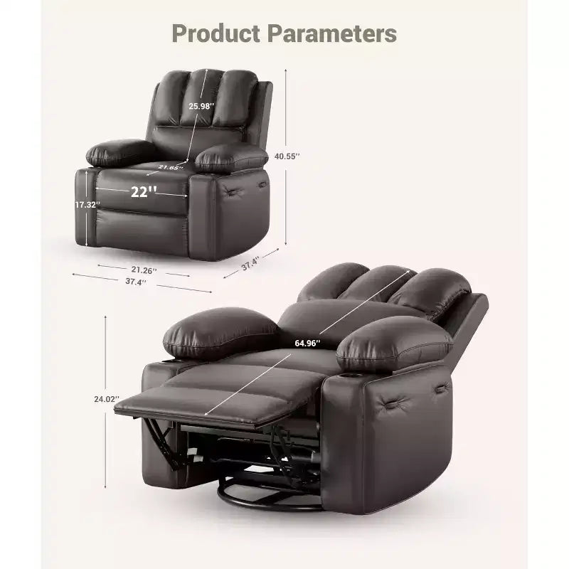 Manual Recliner Chair, PU Faux Leather, 360° Swivel, Cup Holders and Side Pocket