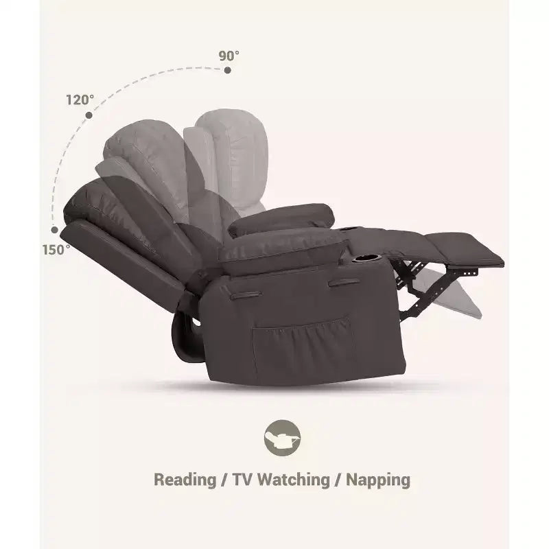 Manual Recliner Chair, PU Faux Leather, 360° Swivel, Cup Holders and Side Pocket