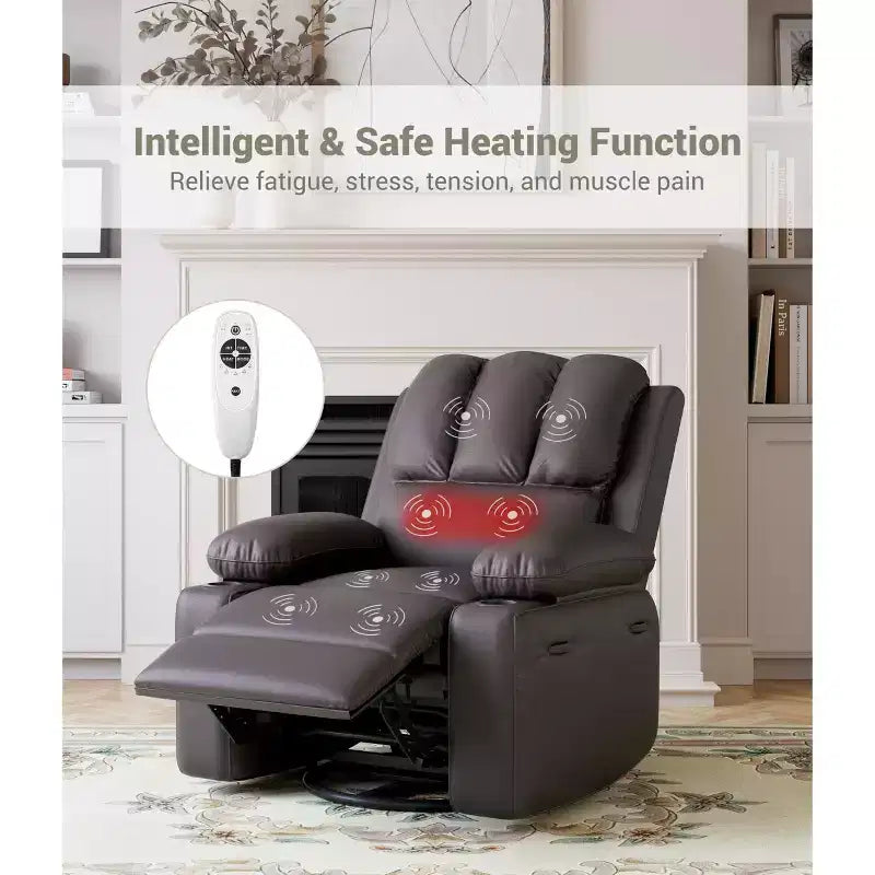 Manual Recliner Chair, PU Faux Leather, 360° Swivel, Cup Holders and Side Pocket