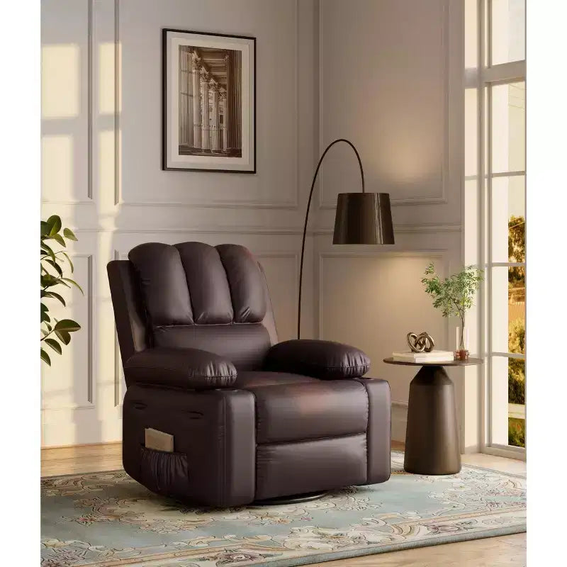 Manual Recliner Chair, PU Faux Leather, 360° Swivel, Cup Holders and Side Pocket