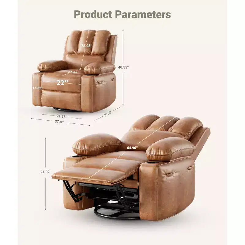 Manual Recliner Chair, PU Faux Leather, 360° Swivel, Cup Holders and Side Pocket