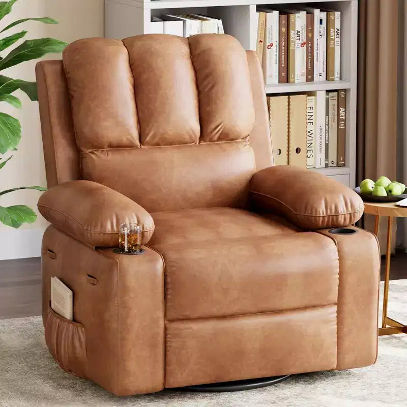 Manual Recliner Chair, PU Faux Leather, 360° Swivel, Cup Holders and Side Pocket