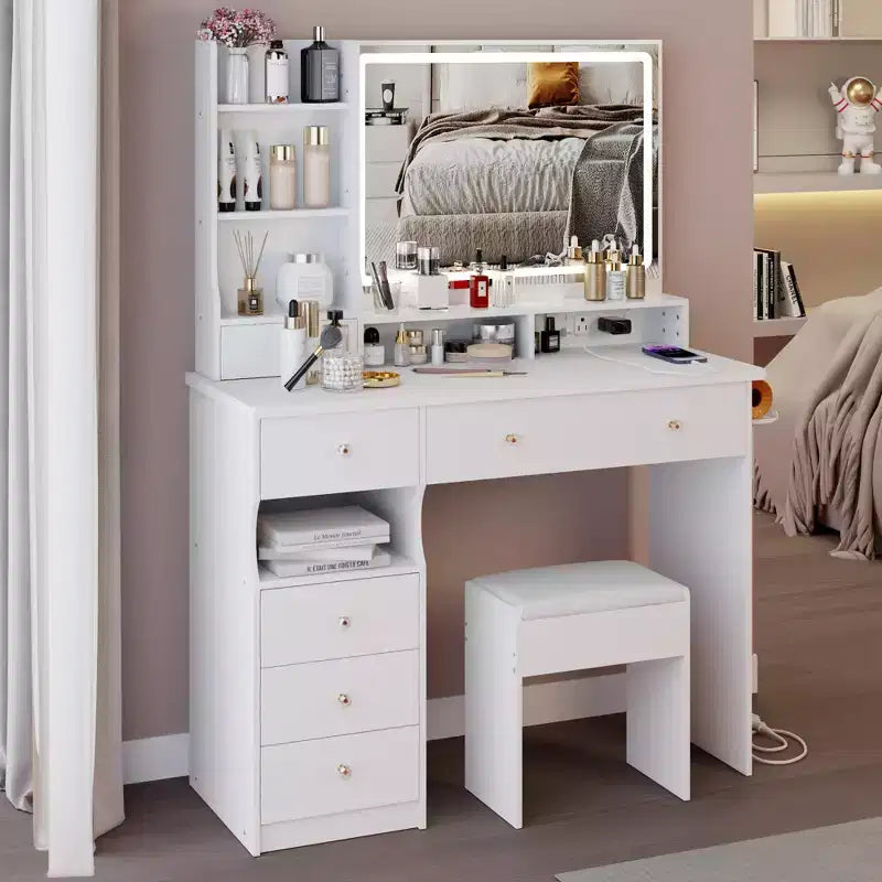 41" Makeup Vanity Desk with Mirror, Cushioned Stool, 2 AC + 2 USB Power Station & Hair Dryer Stand