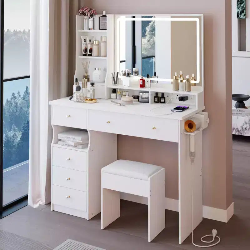 41" Makeup Vanity Desk with Mirror, Cushioned Stool, 2 AC + 2 USB Power Station & Hair Dryer Stand
