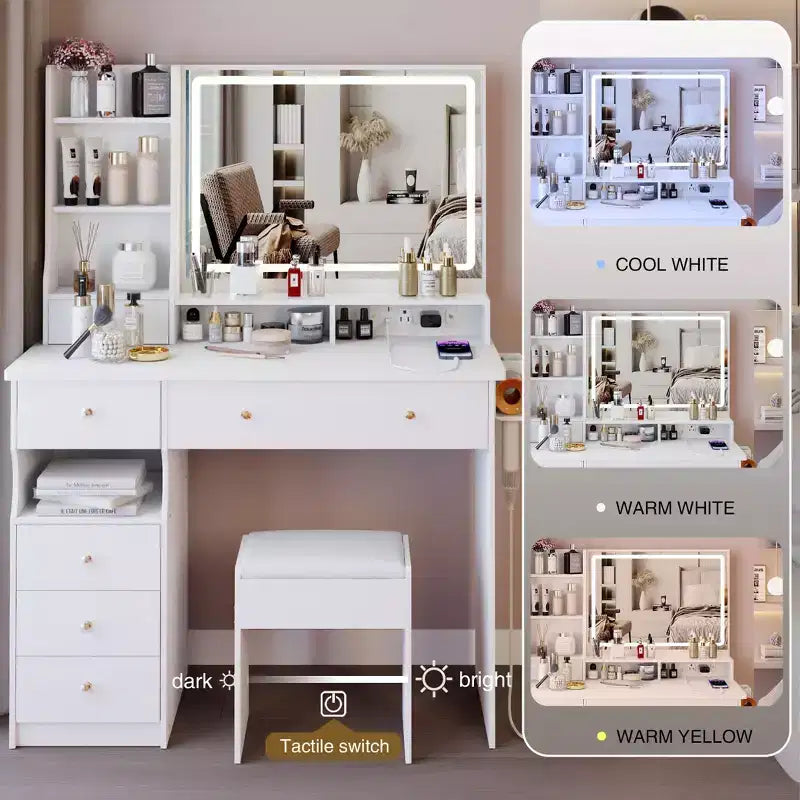 41" Makeup Vanity Desk with Mirror, Cushioned Stool, 2 AC + 2 USB Power Station & Hair Dryer Stand