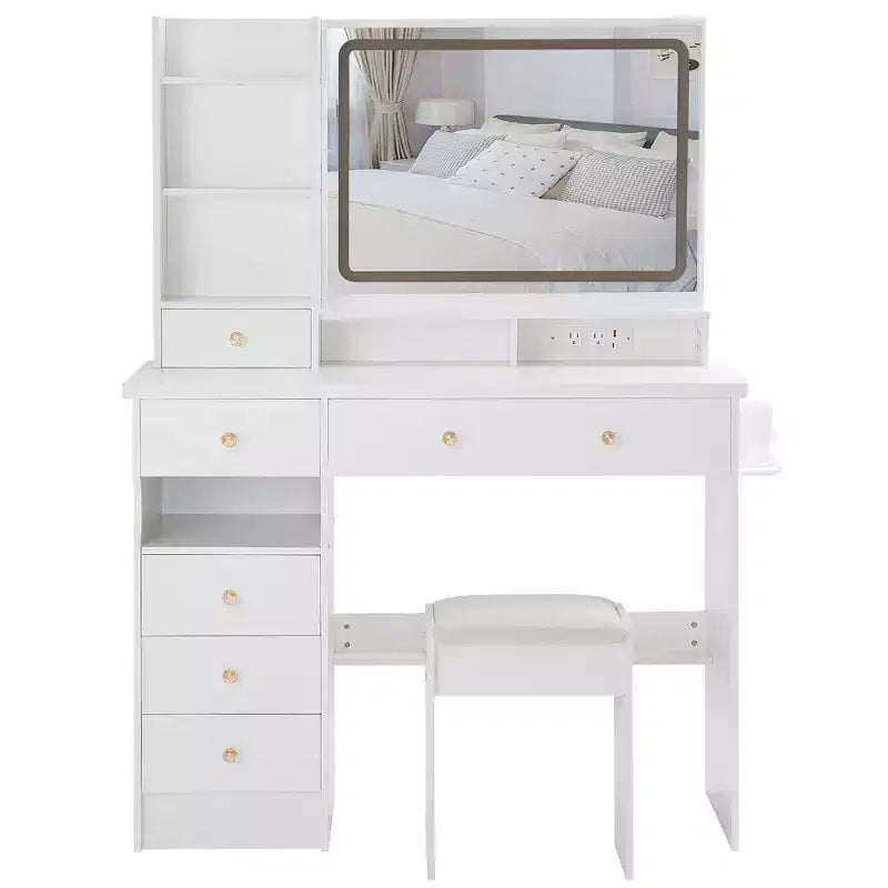 41" Makeup Vanity Desk with Mirror, Cushioned Stool, 2 AC + 2 USB Power Station & Hair Dryer Stand