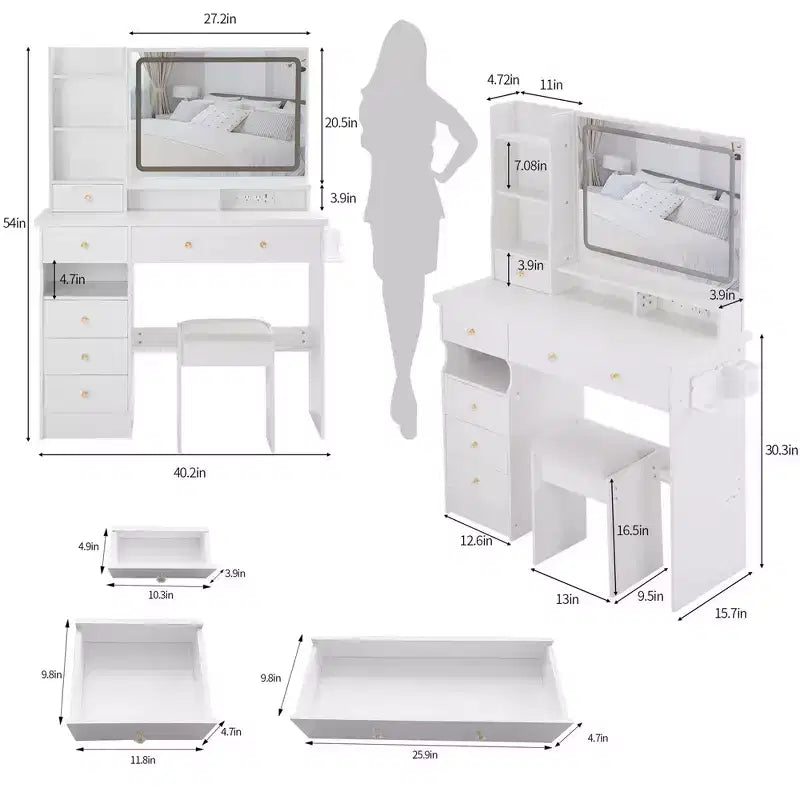 41" Makeup Vanity Desk with Mirror, Cushioned Stool, 2 AC + 2 USB Power Station & Hair Dryer Stand