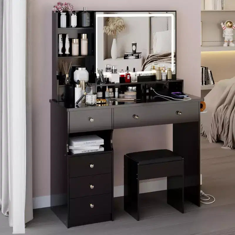 41" Makeup Vanity Desk with Mirror, Cushioned Stool, 2 AC + 2 USB Power Station & Hair Dryer Stand
