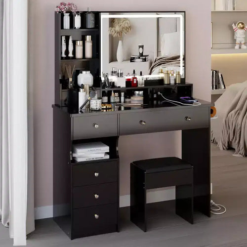 41" Makeup Vanity Desk with Mirror, Cushioned Stool, 2 AC + 2 USB Power Station & Hair Dryer Stand