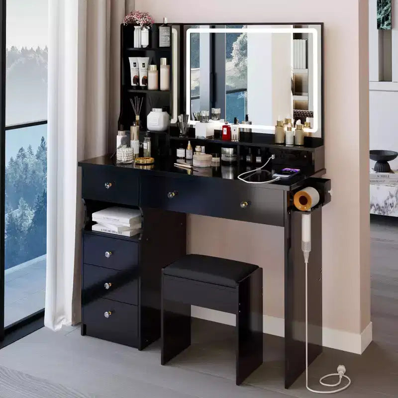 41" Makeup Vanity Desk with Mirror, Cushioned Stool, 2 AC + 2 USB Power Station & Hair Dryer Stand