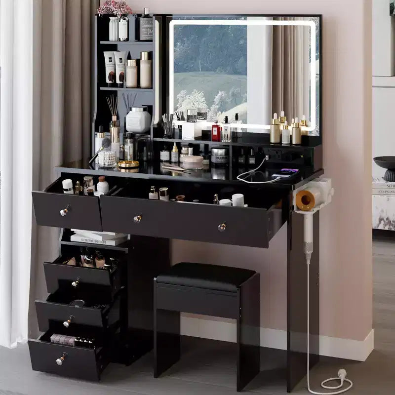 41" Makeup Vanity Desk with Mirror, Cushioned Stool, 2 AC + 2 USB Power Station & Hair Dryer Stand
