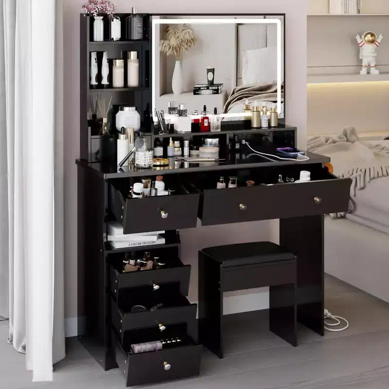 41" Makeup Vanity Desk with Mirror, Cushioned Stool, 2 AC + 2 USB Power Station & Hair Dryer Stand