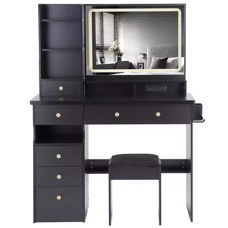 41" Makeup Vanity Desk with Mirror, Cushioned Stool, 2 AC + 2 USB Power Station & Hair Dryer Stand