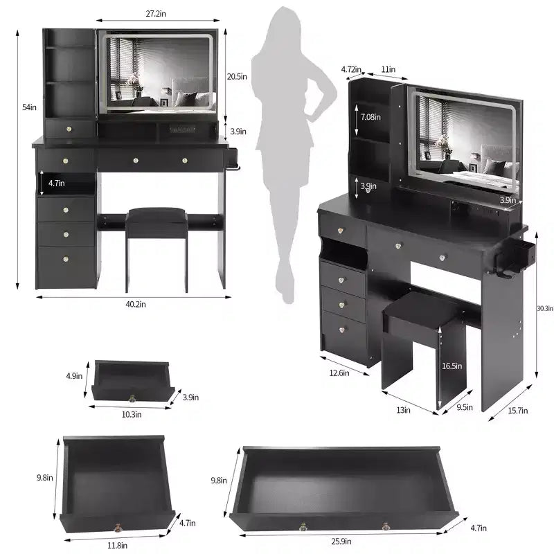 41" Makeup Vanity Desk with Mirror, Cushioned Stool, 2 AC + 2 USB Power Station & Hair Dryer Stand