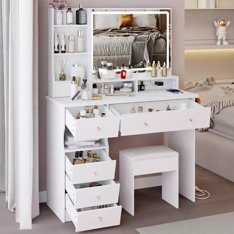 41" Makeup Vanity Desk with Mirror, Cushioned Stool, 2 AC + 2 USB Power Station & Hair Dryer Stand