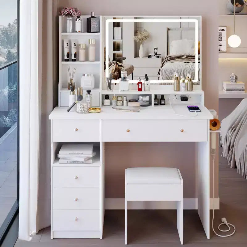 41" Makeup Vanity Desk with Mirror, Cushioned Stool, 2 AC + 2 USB Power Station & Hair Dryer Stand