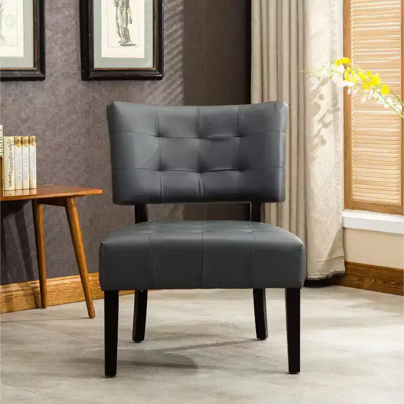 Modern Oversized Accent Chair with Tufted Back, Blended Leather, Wood Legs, for Living Room & Bedroom