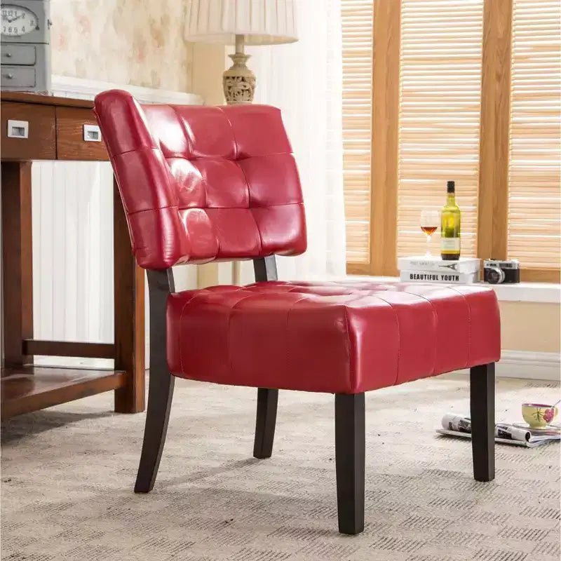 Modern Oversized Accent Chair with Tufted Back, Blended Leather, Wood Legs, for Living Room & Bedroom