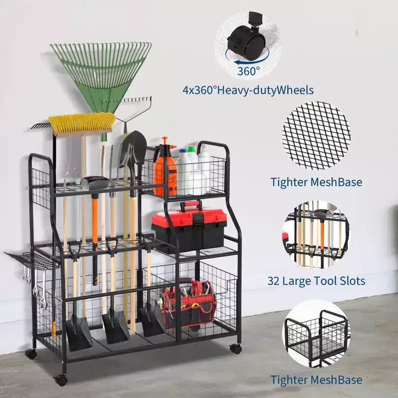 3-Tier Rolling Garden Tool Organizer with Wheels, 6 Shelves and Basket, Freestanding Garage Storage Rack
