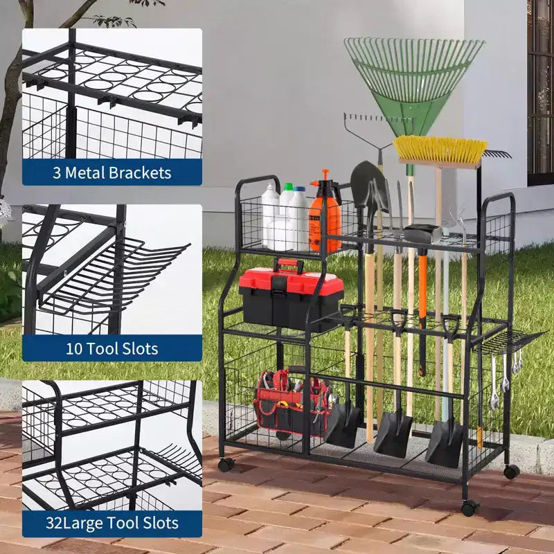 3-Tier Rolling Garden Tool Organizer with Wheels, 6 Shelves and Basket, Freestanding Garage Storage Rack