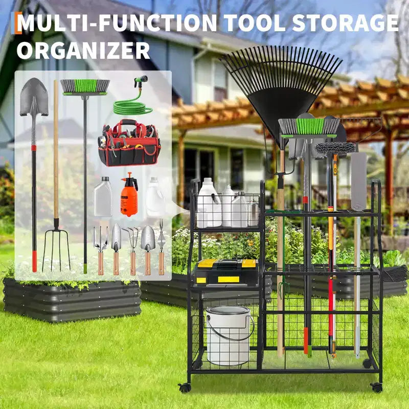 3-Tier Rolling Garden Tool Organizer with Wheels, 6 Shelves and Basket, Freestanding Garage Storage Rack