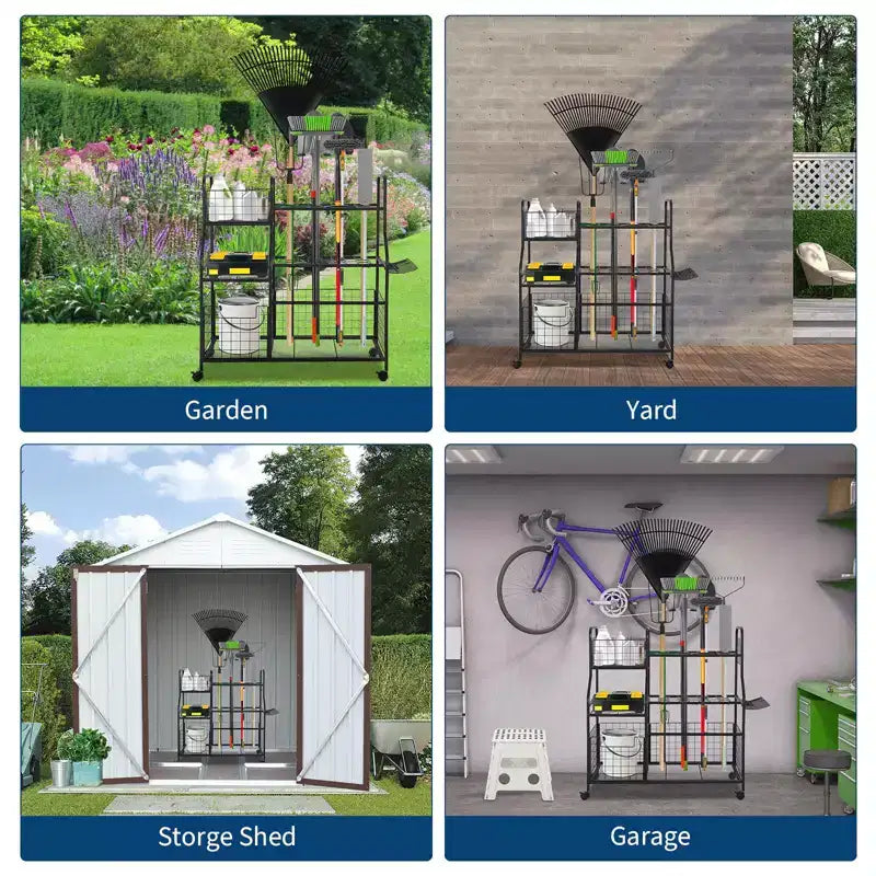 3-Tier Rolling Garden Tool Organizer with Wheels, 6 Shelves and Basket, Freestanding Garage Storage Rack