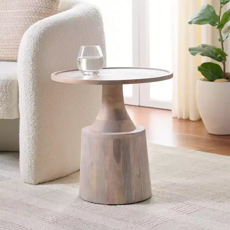 Round Accent Table, White Washed Mango Wood, Serving Tray Top, 18"