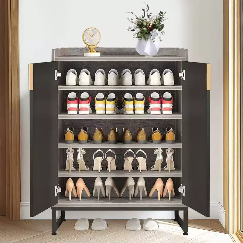 5-Tier Modern Shoe Cabinet with Doors, Holds 20 Pairs, Adjustable Shelves, Entryway Hallway Cabinet, Black & Gray
