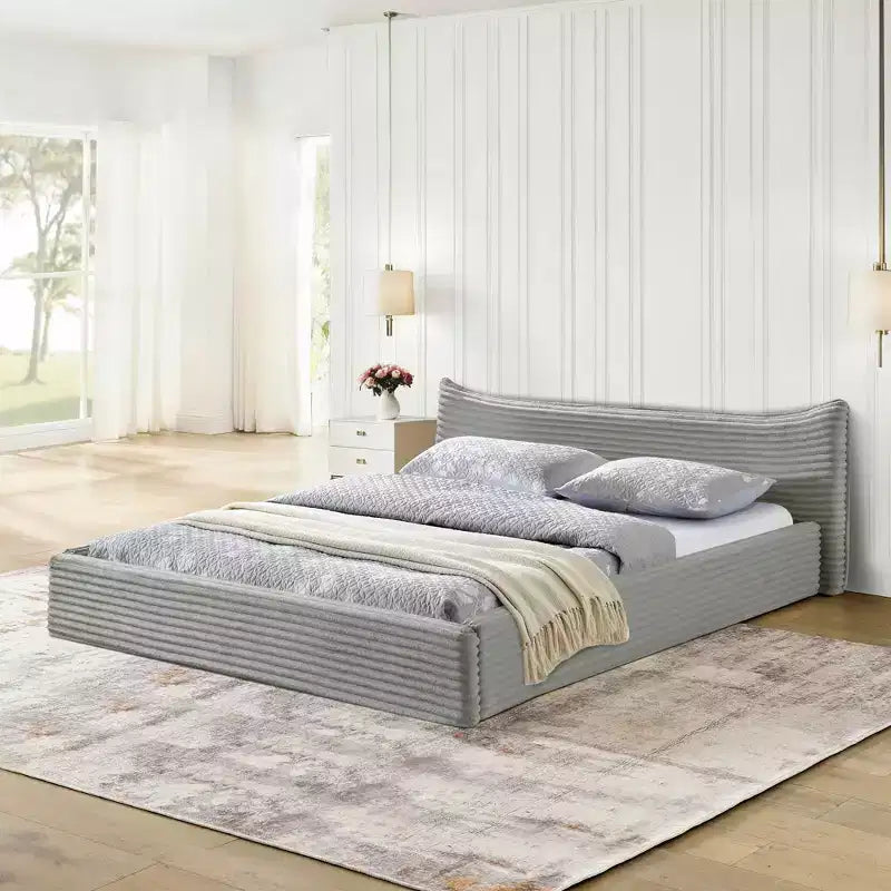 Queen Size Upholstered Bed Frame with Pleated Chenille Headboard, Gray